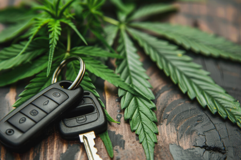 A close-up image of a marijuana leaf lying on a wooden surface next to a set of car keys. The leaves are green and vibrant, while the keys are black and metallic. The image highlights the potential intersection of cannabis use and driving.